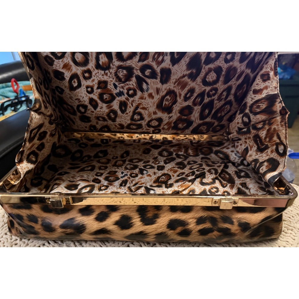Le Miel Pasiion Leopard Magazine Print Satchel Bag Gold Frame Bottom Compartment - Picture 11 of 16